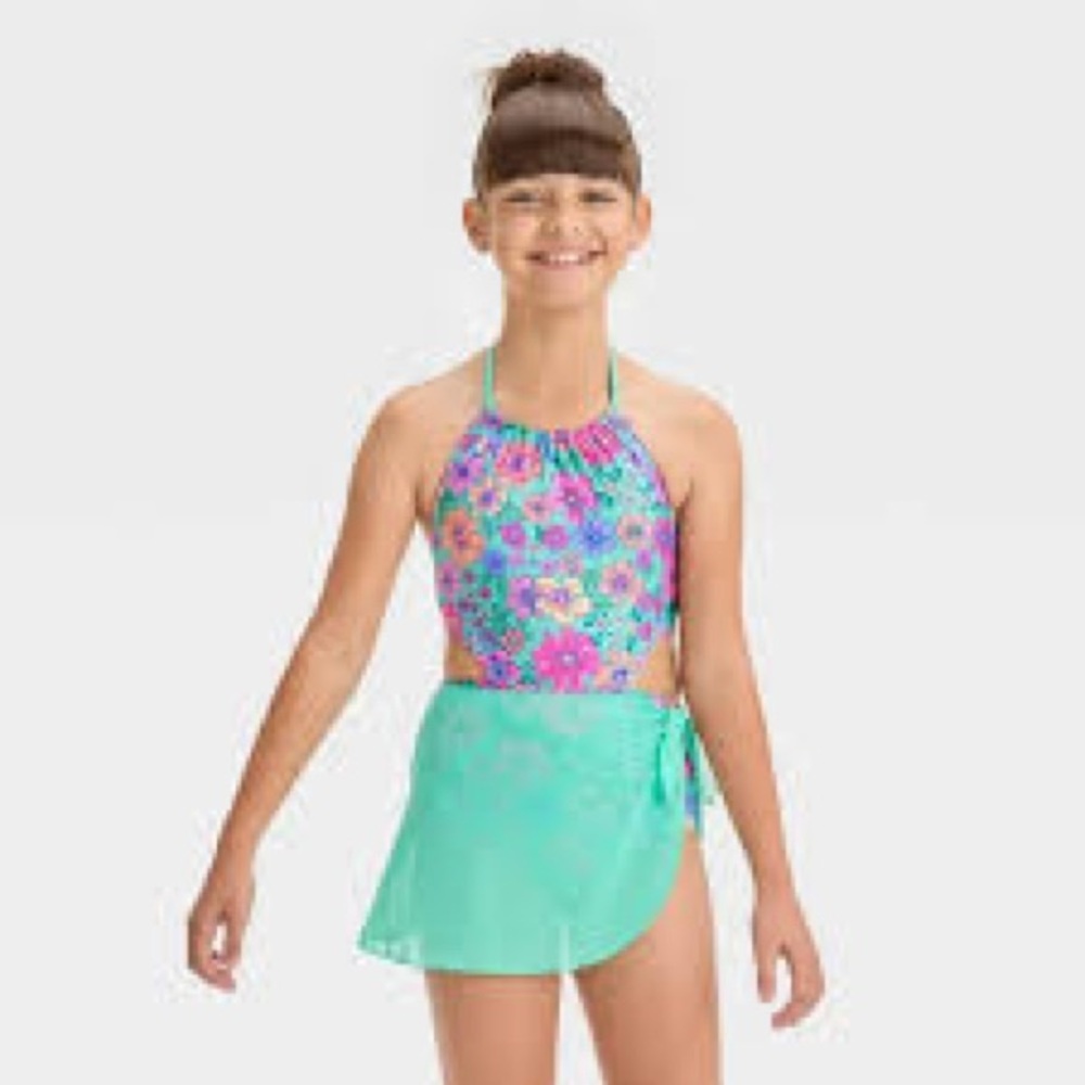 NWT Cat‎ & Jack Girl’s Gingham Floral Cut Out Swimsuit Set - Size: L 10/12 PLUS